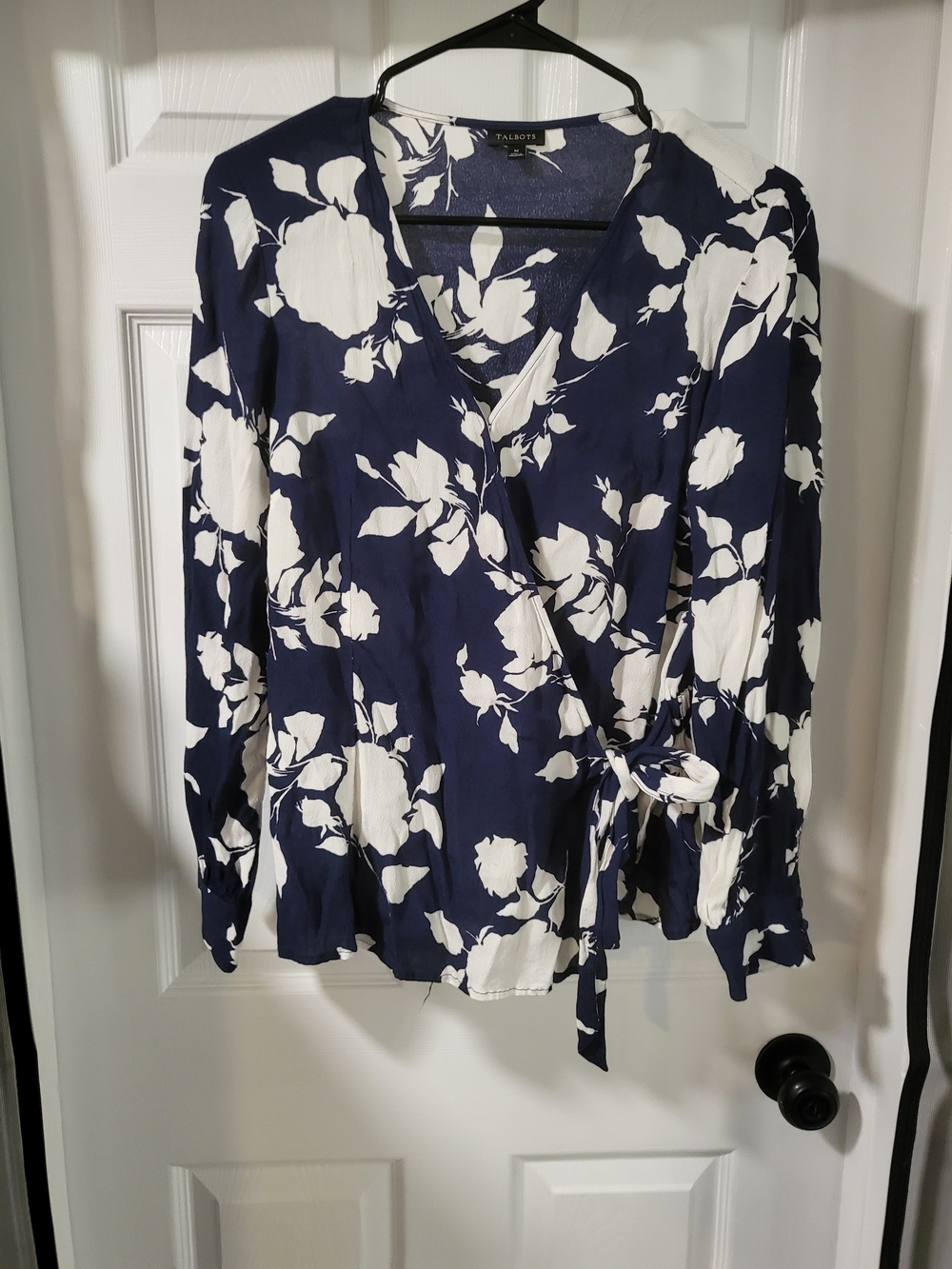 Talbots Navy Floral Wrap Top with White Bloom Print